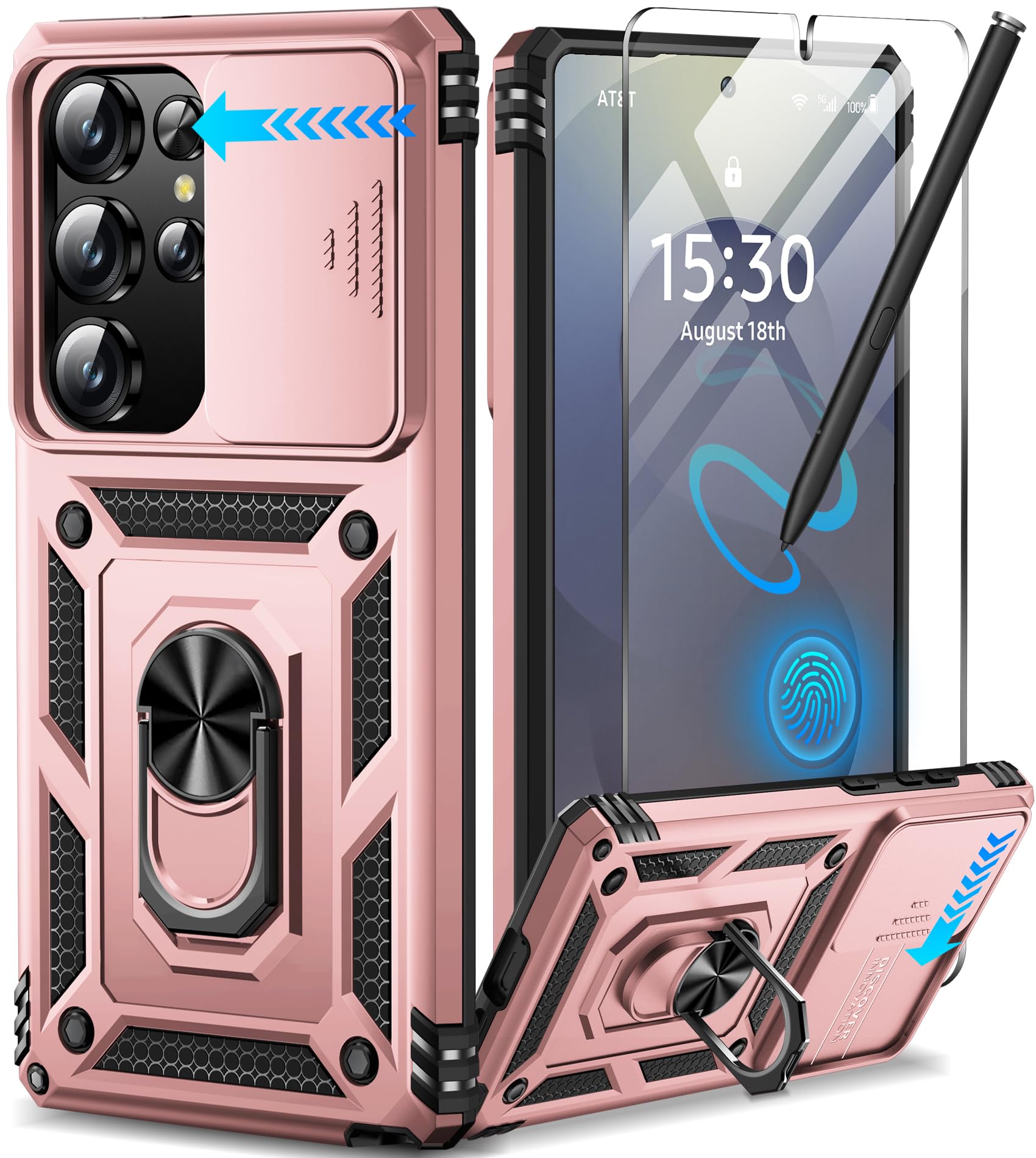 Samsung Galaxy S26 Ultra case with screen protector Taisaide S in pink with accessories displayed.