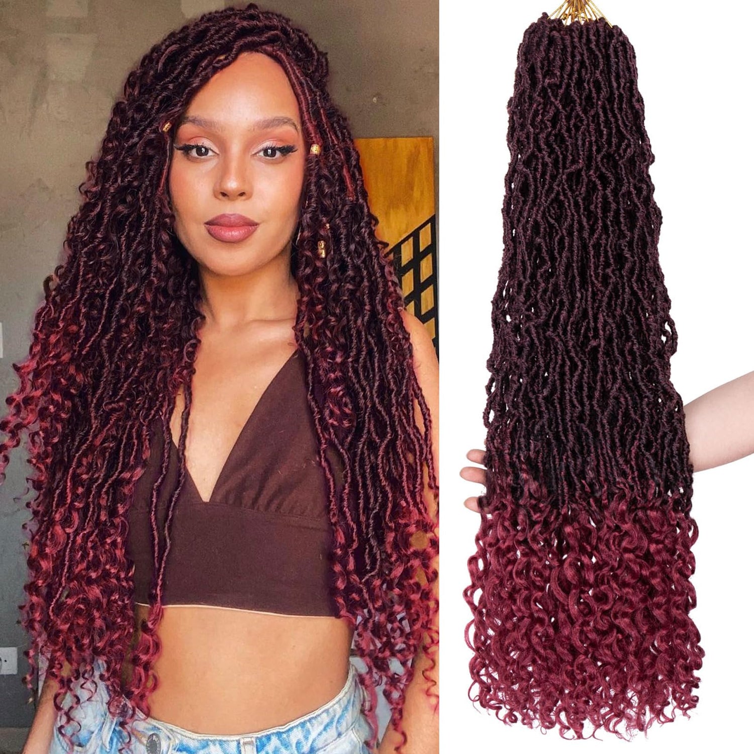 Leeven 7 Packs Faux Locs With Curly Ends 18 Inch Pre-looped Goddess Locs Crochet Hair 84 Strands Natural Black Crochet Bohemian Soft Locs Braiding Hair Extensions With Curls for Women 1B