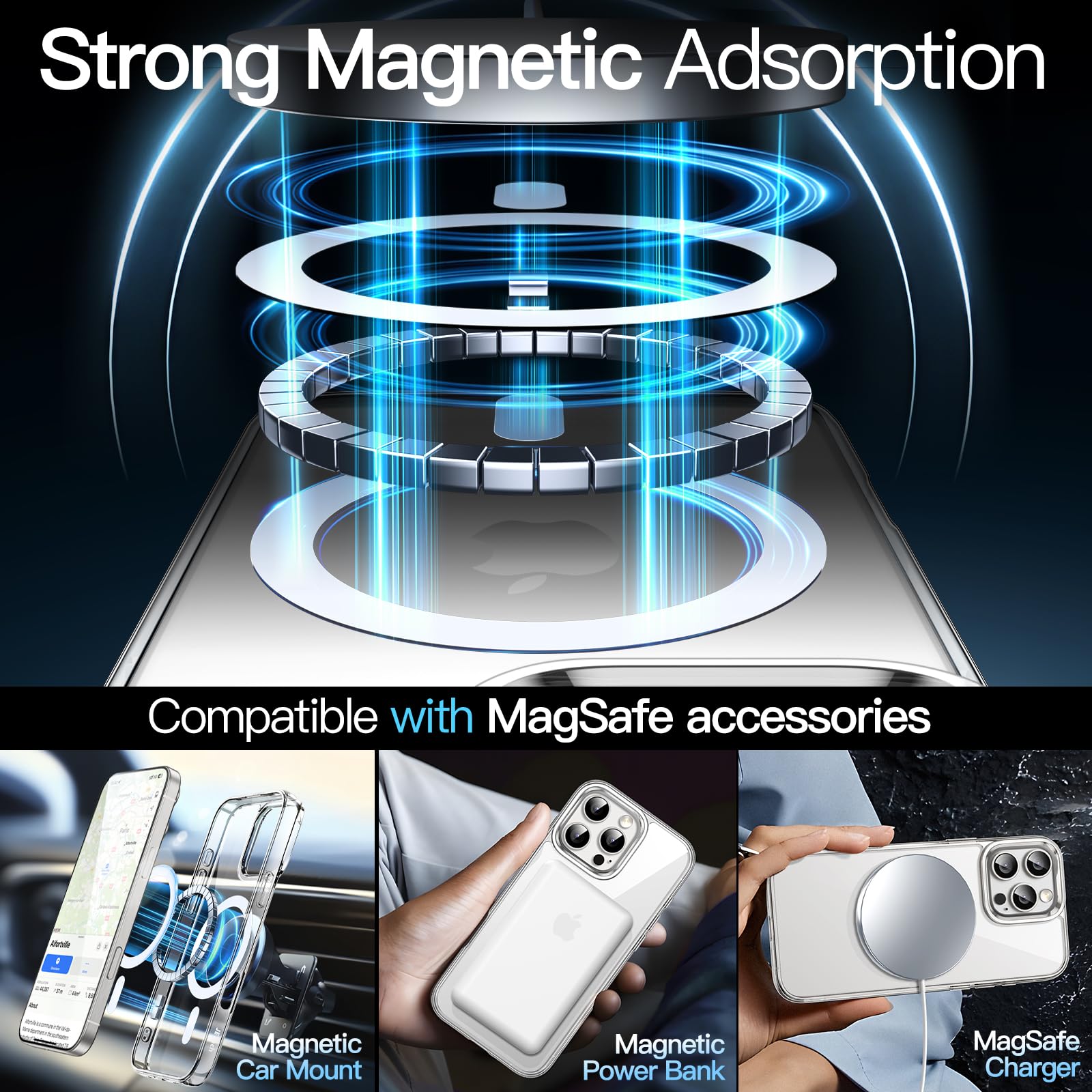 premium aplus module features iPhone with clear case showcasing MagSafe compatibility and sleek design.