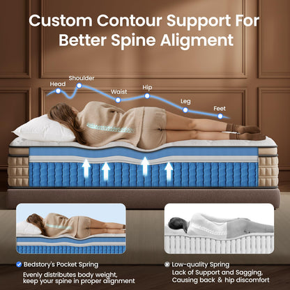 BedStory Extra Firm Queen Mattress 14 inch - Pain-Relieving Hybrid Mattress for Extra Lumbar &amp; Hip Support - No Sagging Bed in a Box - 365-Night Trial - No Odor, Fiberglass-Free, CertiPUR-US Certified