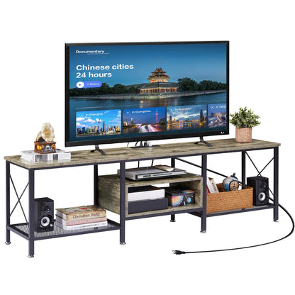 VECELO TV Stand with Power Outlets for 65 Inch Industria Media Entertainment Center with Charging Station, 3-Tier Open Shelves &amp; Metal Frame for Living Room, Bedroom, 55 Inch, Brown