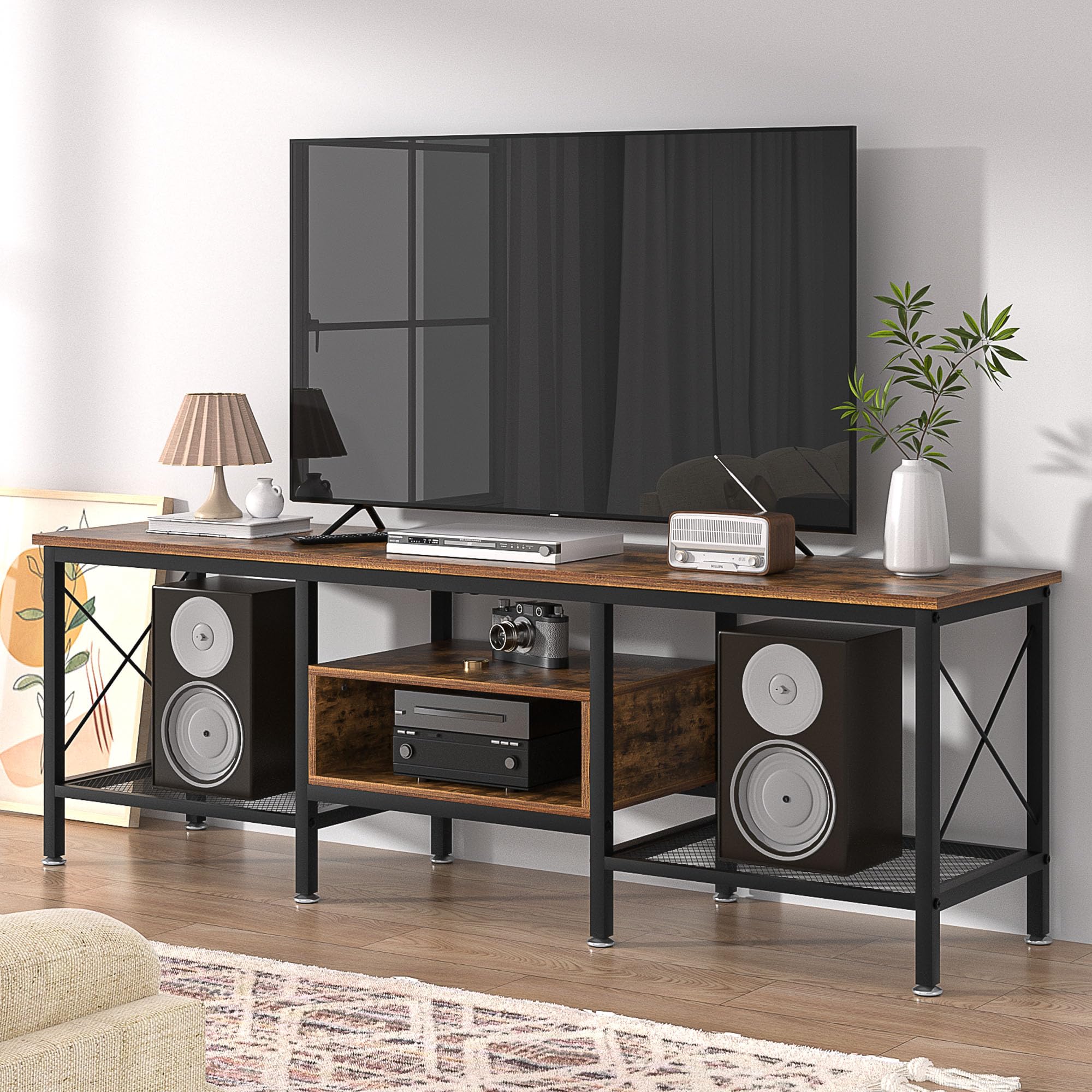 VECELO TV Stand with Power Outlets for 65 Inch Industria Media Entertainment Center with Charging Station, 3-Tier Open Shelves &amp; Metal Frame for Living Room, Bedroom, 55 Inch, Brown