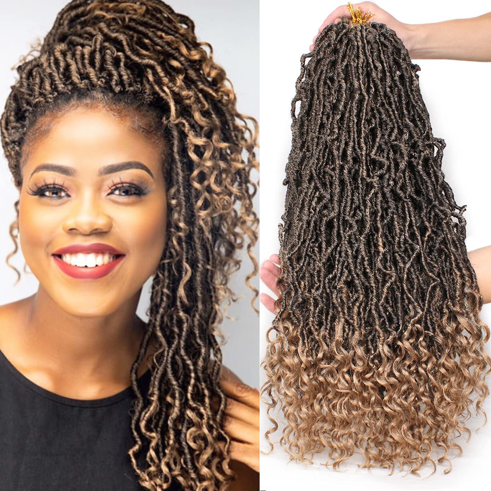 Leeven 7 Packs Faux Locs With Curly Ends 18 Inch Pre-looped Goddess Locs Crochet Hair 84 Strands Natural Black Crochet Bohemian Soft Locs Braiding Hair Extensions With Curls for Women 1B