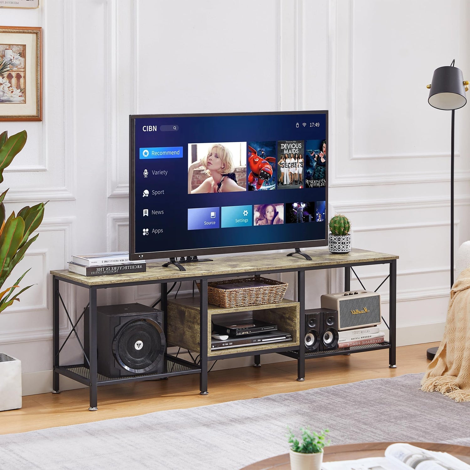 VECELO TV Stand with Power Outlets for 65 Inch Industria Media Entertainment Center with Charging Station, 3-Tier Open Shelves &amp; Metal Frame for Living Room, Bedroom, 55 Inch, Brown