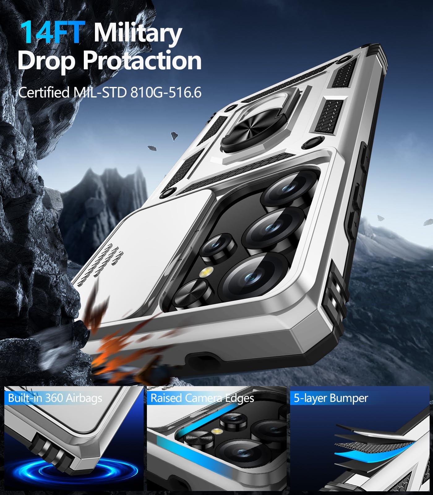 Samsung Galaxy S26 Ultra case with screen protector featuring 14FT military drop protection and built-in airbag design.