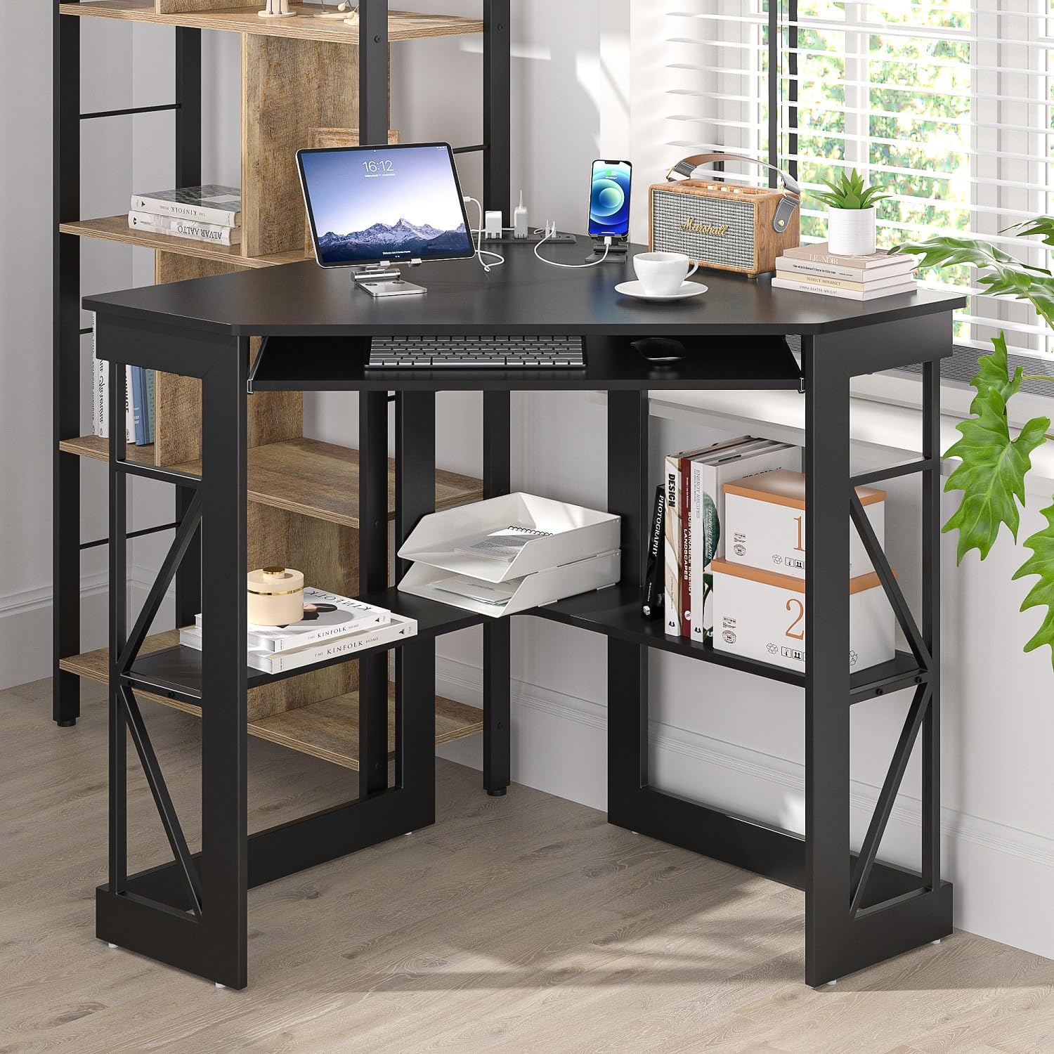 VECELO Corner Computer Desk 41x30 inches with Charging Station &amp; Keyboard &amp; Storage Shelves for Small Space,Triangle Table for Home Office Bedroom,Black