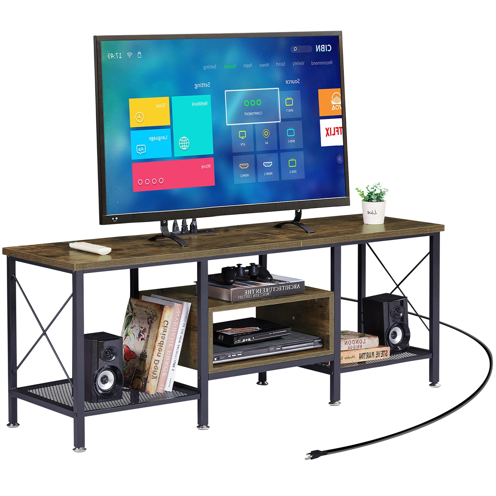 VECELO TV Stand with Power Outlets for 65 Inch Industria Media Entertainment Center with Charging Station, 3-Tier Open Shelves &amp; Metal Frame for Living Room, Bedroom, 55 Inch, Brown