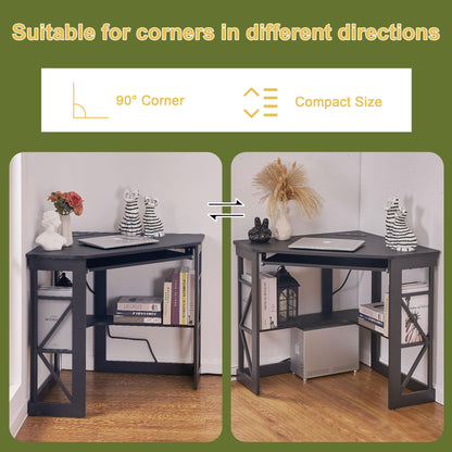 VECELO Corner Computer Desk 41x30 inches with Charging Station &amp; Keyboard &amp; Storage Shelves for Small Space,Triangle Table for Home Office Bedroom,Black