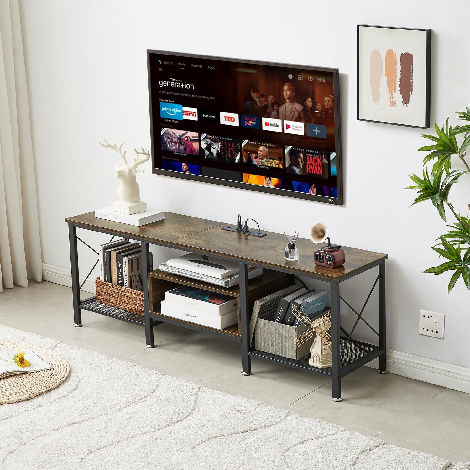 VECELO TV Stand with Power Outlets for 65 Inch Industria Media Entertainment Center with Charging Station, 3-Tier Open Shelves &amp; Metal Frame for Living Room, Bedroom, 55 Inch, Brown