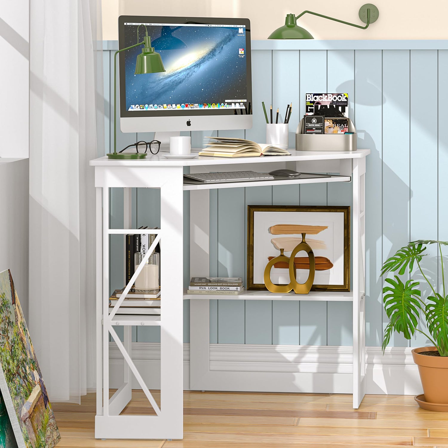 VECELO Corner Computer Desk 41x30 inches with Charging Station &amp; Keyboard &amp; Storage Shelves for Small Space,Triangle Table for Home Office Bedroom,Black