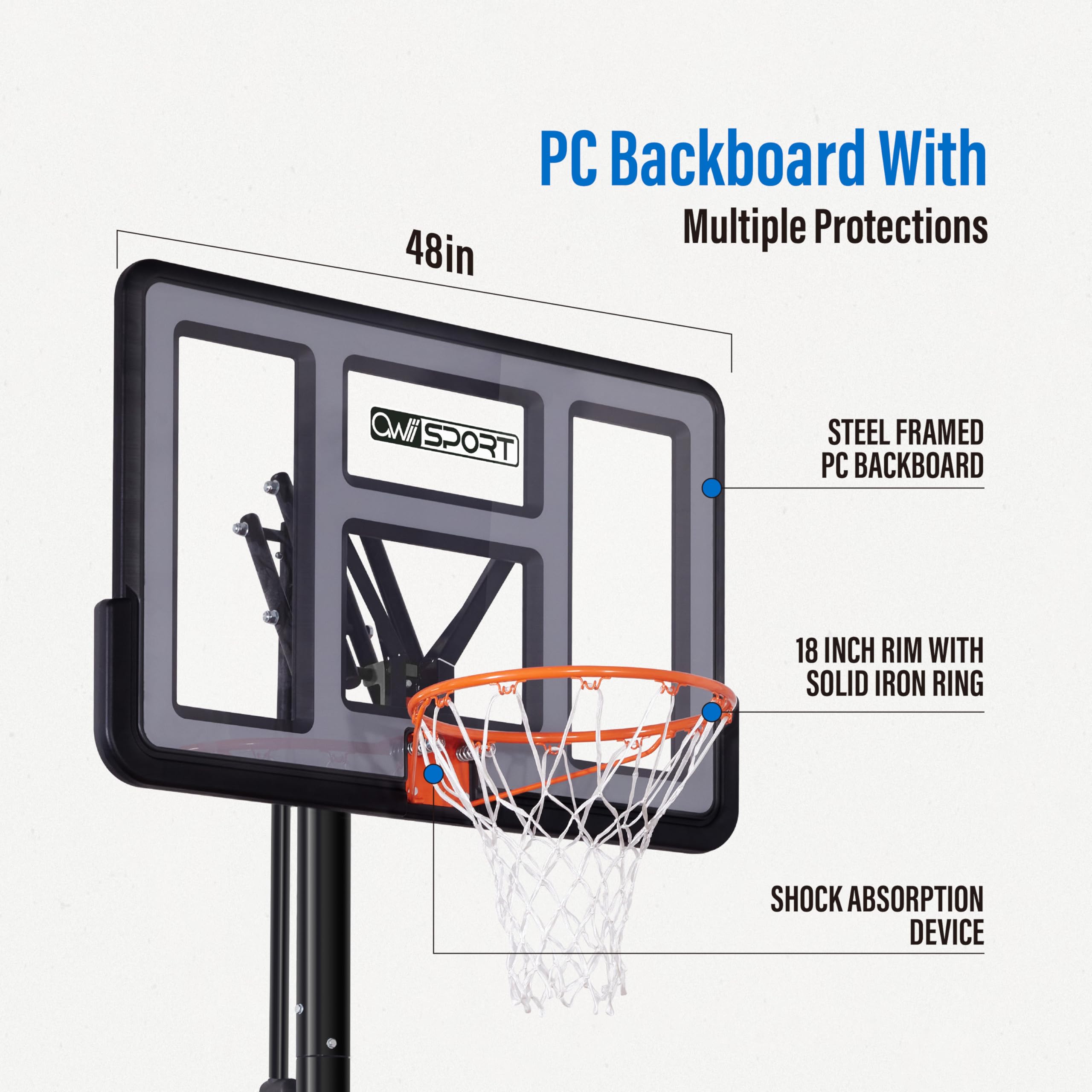Basketball Hoop Outdoor Protable 44/48 Inch Impact Backboard, 4.8-10FT Height Adjustable Basketball Hoop Goal System with Wheels for Adults