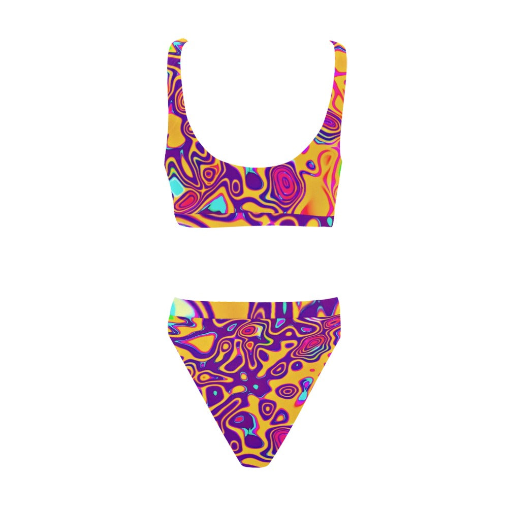 Retro Psychedelic Plasma Blast Sport Top &amp; High-Waisted Bikini Swimsuit / Rave Set