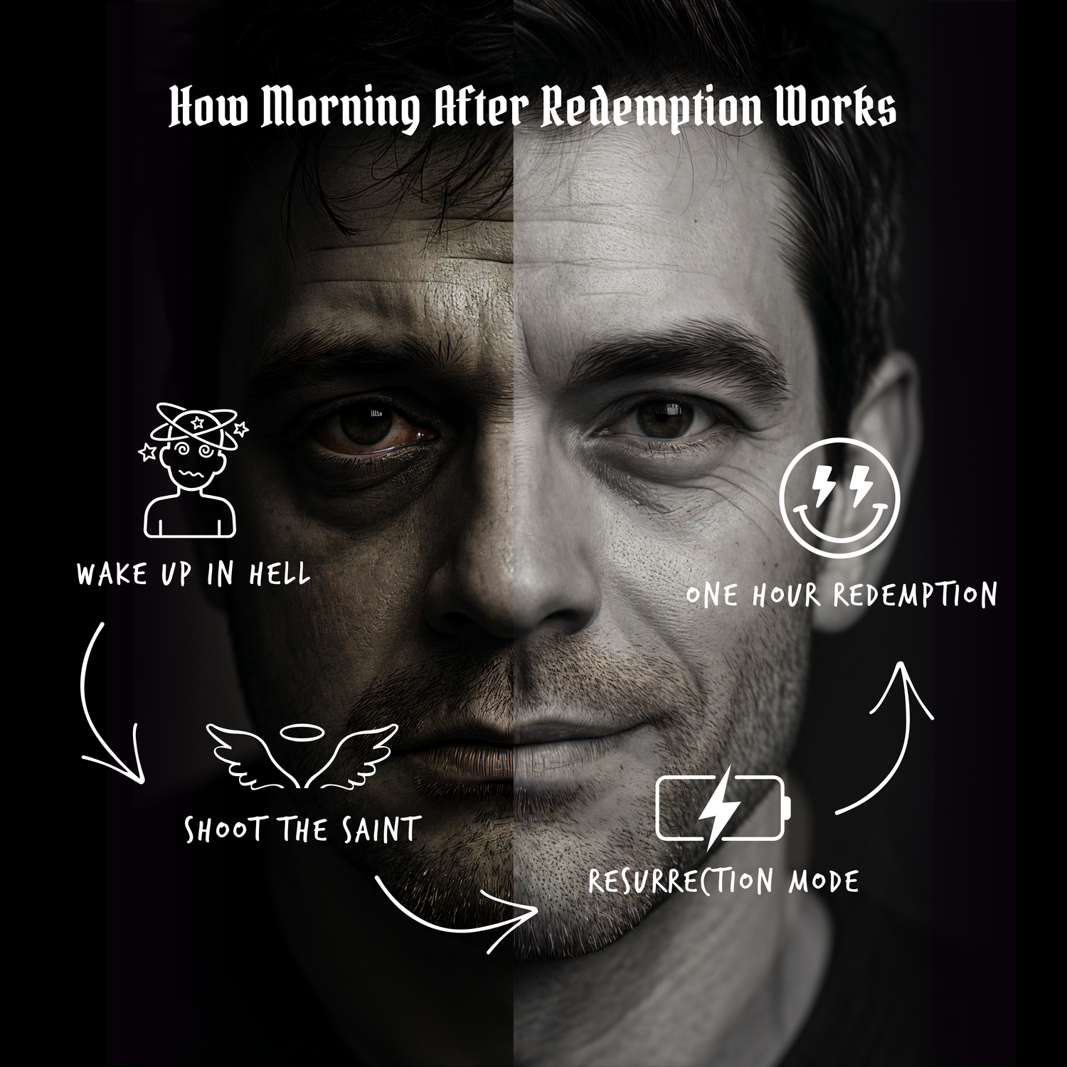 Image shows a split face of a man, one side looking distressed and the other refreshed, illustrating the effects of the Rapid
