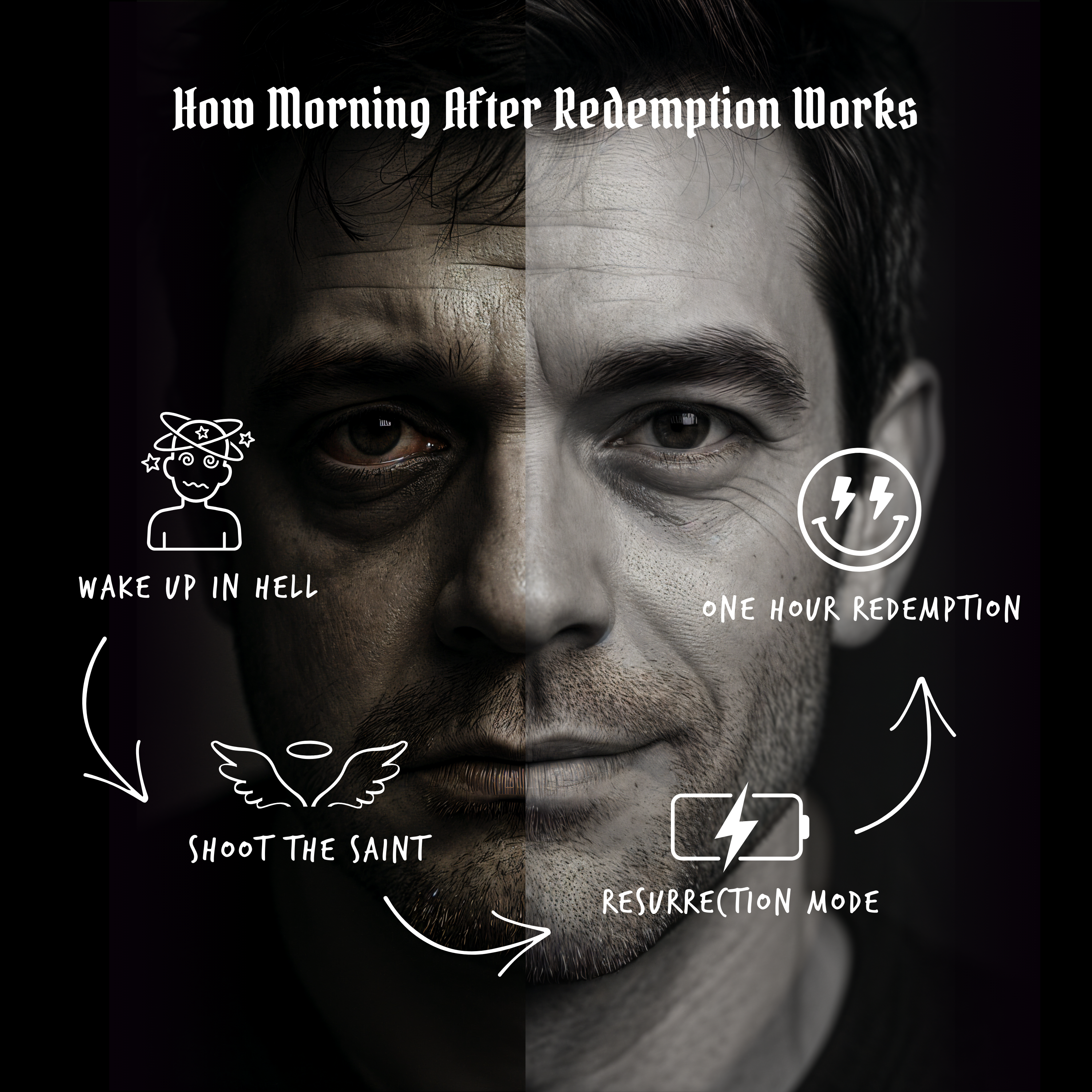 Image shows a split face of a man, one side looking distressed and the other refreshed, illustrating the effects of the Rapid