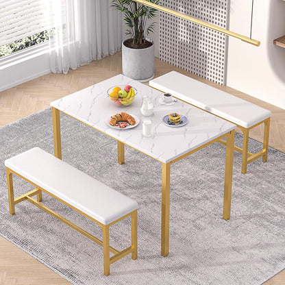 VECELO 3-Piece 63" Extendable Kitchen Table with Benches/Chairs, Modern Breakfast Dinette/Dining Room Set for 4/6/2, Small Space Saving Design, Easy Assembly