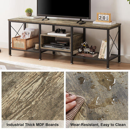 VECELO TV Stand with Power Outlets for 65 Inch Industria Media Entertainment Center with Charging Station, 3-Tier Open Shelves &amp; Metal Frame for Living Room, Bedroom, 55 Inch, Brown