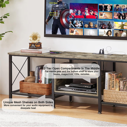 VECELO TV Stand with Power Outlets for 65 Inch Industria Media Entertainment Center with Charging Station, 3-Tier Open Shelves &amp; Metal Frame for Living Room, Bedroom, 55 Inch, Brown