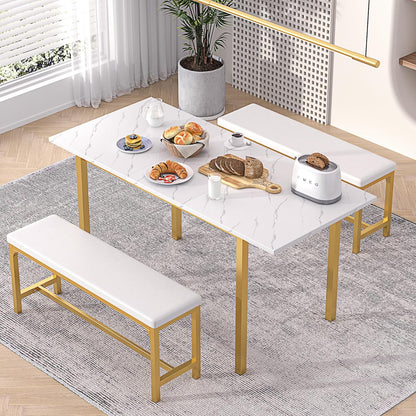 VECELO 3-Piece 63" Extendable Kitchen Table with Benches/Chairs, Modern Breakfast Dinette/Dining Room Set for 4/6/2, Small Space Saving Design, Easy Assembly