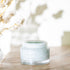 Blue Beauty Cream Soothing Tallow Face Cream in a clear jar on a wooden surface with dried flowers in the background.
