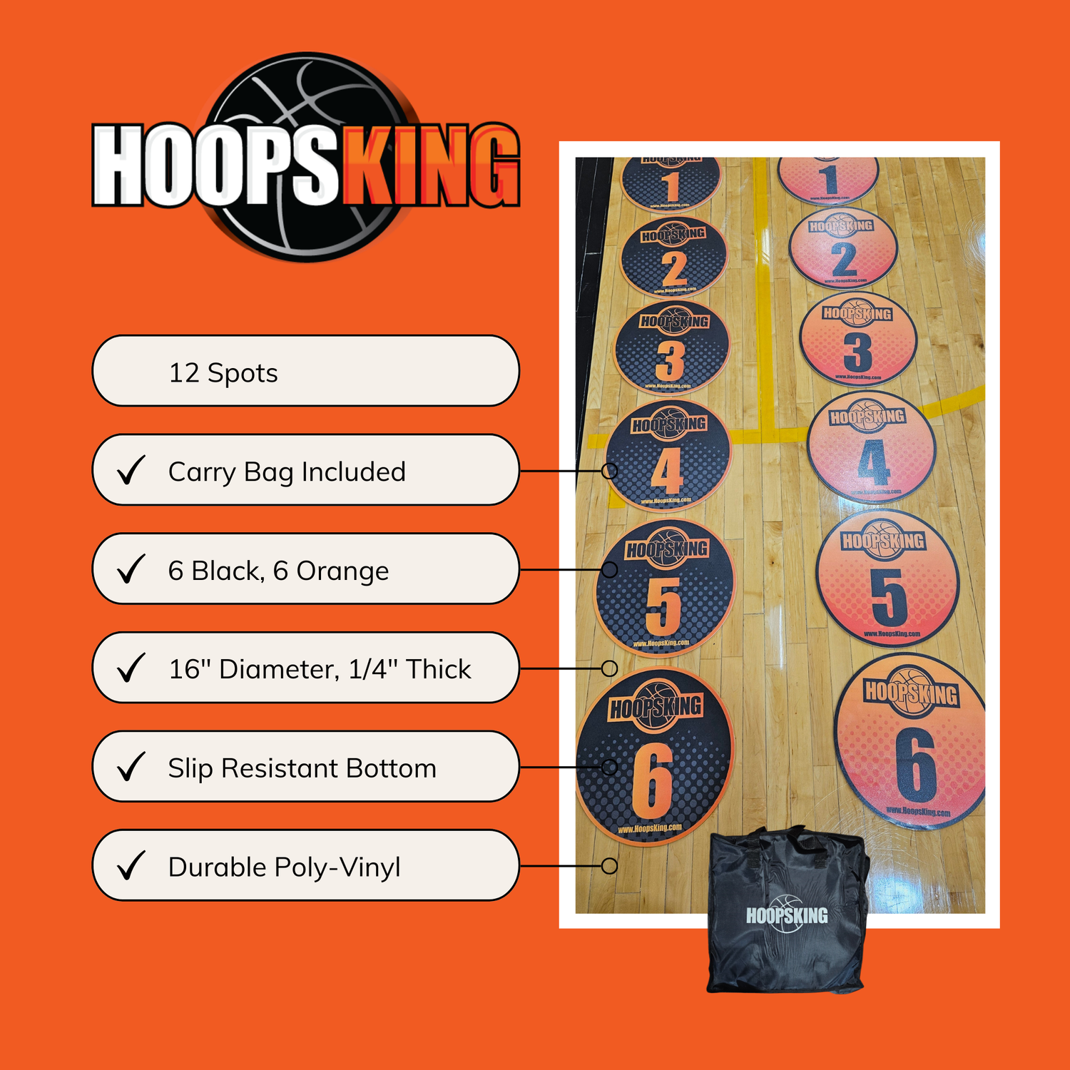 Offensive Spacing Training Spot Markers in black and orange, 16" diameter, with a carry bag included.