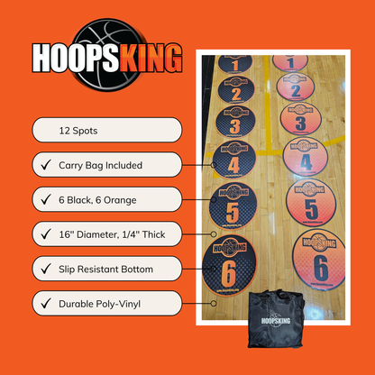 Offensive Spacing Training Spot Markers in black and orange, 16" diameter, with a carry bag included.