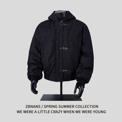 Loose Casual Warm Hooded Raw Denim Coat (Unisex)