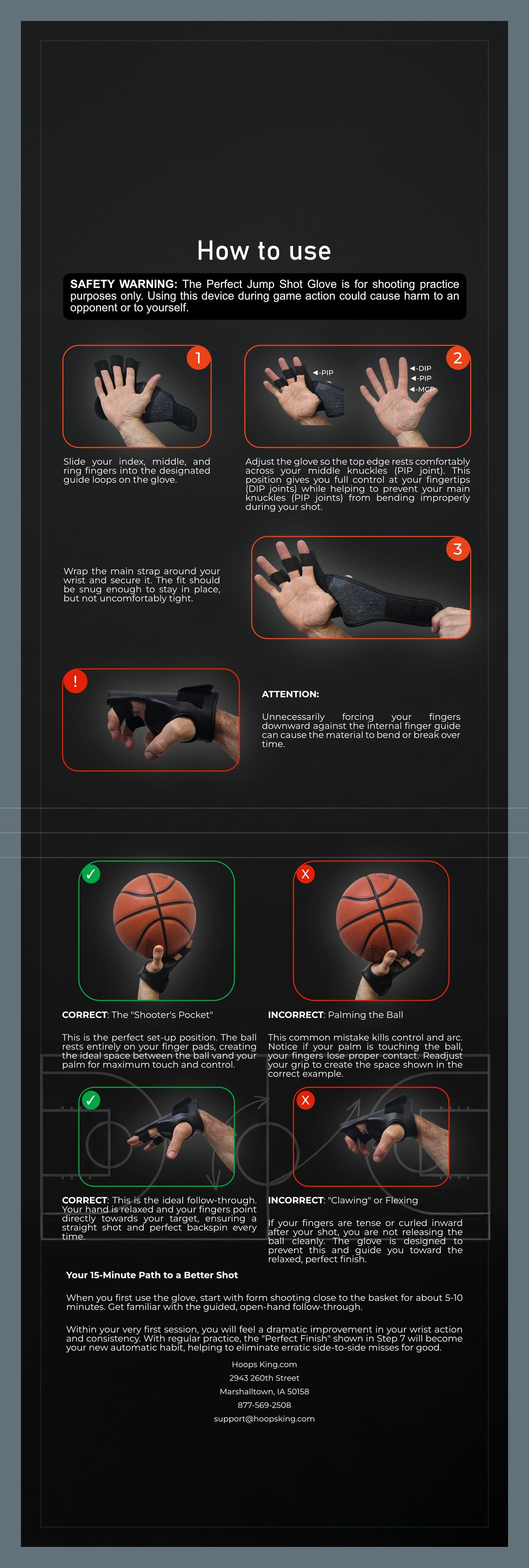 Instructional image for Perfect Jump Shot Glove, showing usage steps and correct hand positioning for basketball shooting.