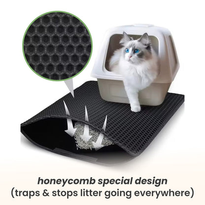 Mess-free litter mat with honeycomb design traps litter, preventing messes around the litter box. Ideal for clean spaces.