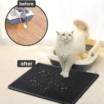 Mess-free litter mat with textured surface, showing before and after images of litter tracking prevention. Ideal for cat owne