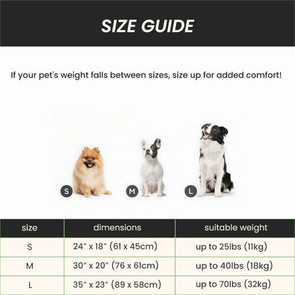 Self-warming pet mat size guide with dimensions and weight limits for small, medium, and large pets.