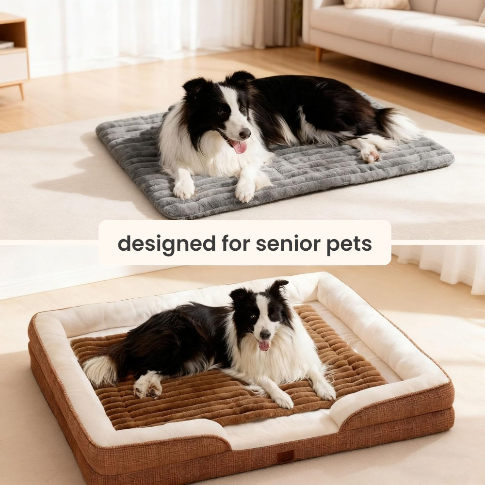Self-warming pet mat featuring a cozy gray top and a plush brown bottom, designed for senior pets to provide comfort.