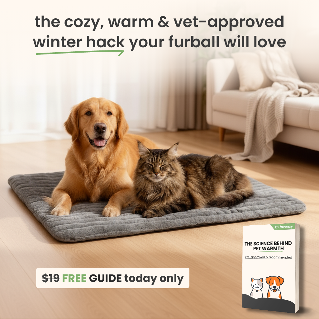 Self-warming pet mat with a dog and cat resting on it, featuring a cozy gray design. Includes a free guide offer.
