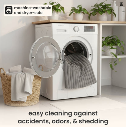 Self-warming pet mat leaning against an open washing machine, showcasing easy cleaning features with a cozy, textured design.