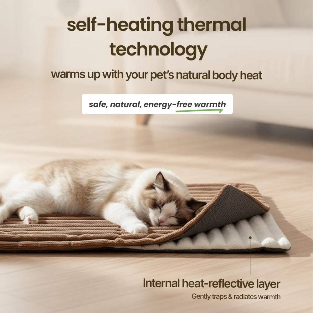 Self-warming pet mat with a cozy design, featuring a cat resting on it, showcasing its thermal technology.