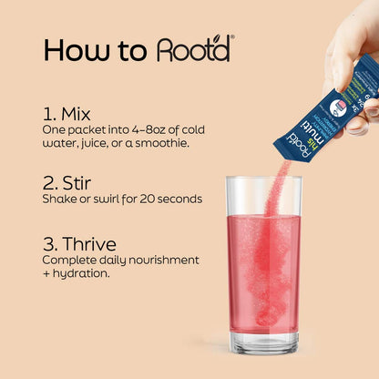Advanced Daily Nutrition for Men, shown in a glass with pink drink being mixed from a packet. Instructions for use included.