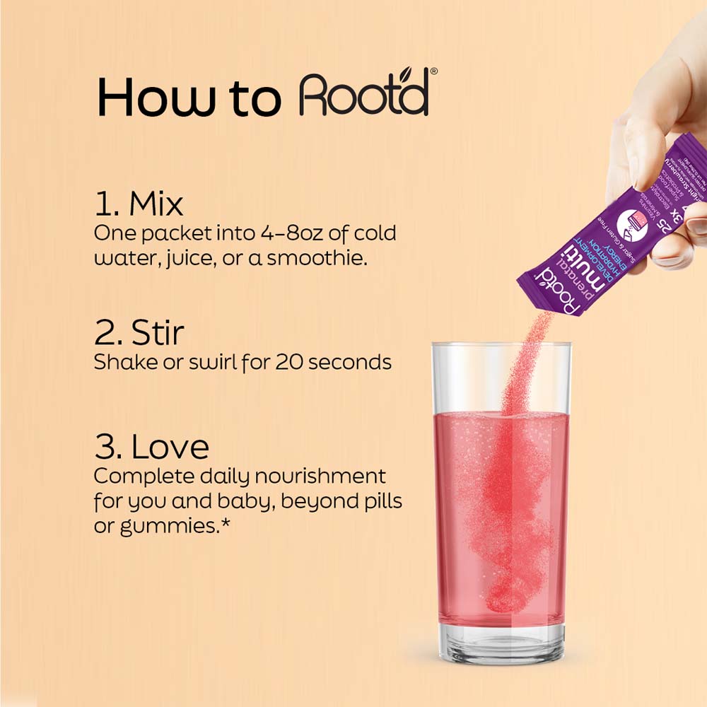 Essential Prenatal Nutrition + Electrolytes packet being poured into a glass of water, demonstrating mixing instructions.