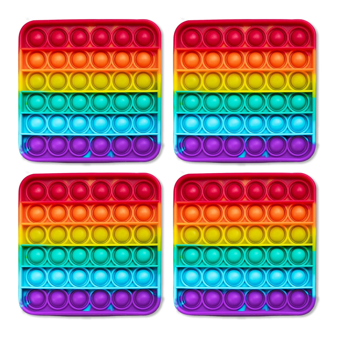 Four square fidget mats featuring a rainbow gradient design with poppable bubbles in vibrant colors.