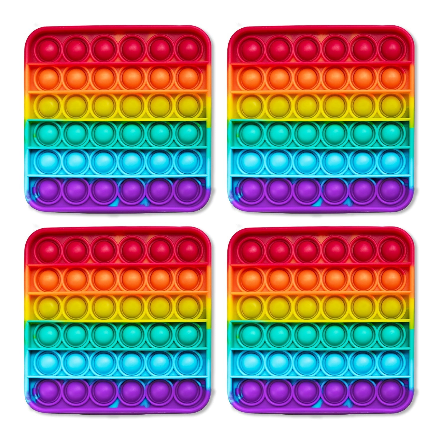 Four square fidget mats featuring a rainbow gradient design with poppable bubbles in vibrant colors.