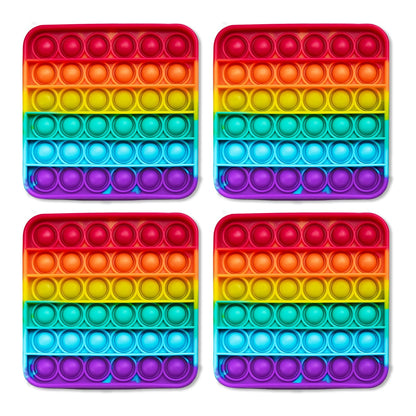 Four square fidget mats featuring a rainbow gradient design with poppable bubbles in vibrant colors.