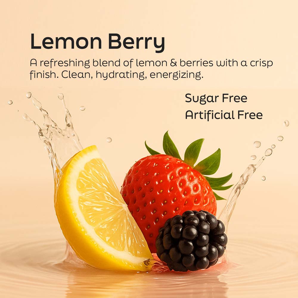 Essential Prenatal Nutrition + Electrolytes in Lemon Berry flavor, featuring lemon, strawberry, and blackberry splashing in w