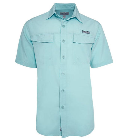 Light blue short-sleeve fishing shirt with button front, two chest pockets, and UV protection features. Ideal for outdoor act