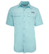 Light blue short-sleeve fishing shirt with button front, two chest pockets, and UV protection features. Ideal for outdoor act