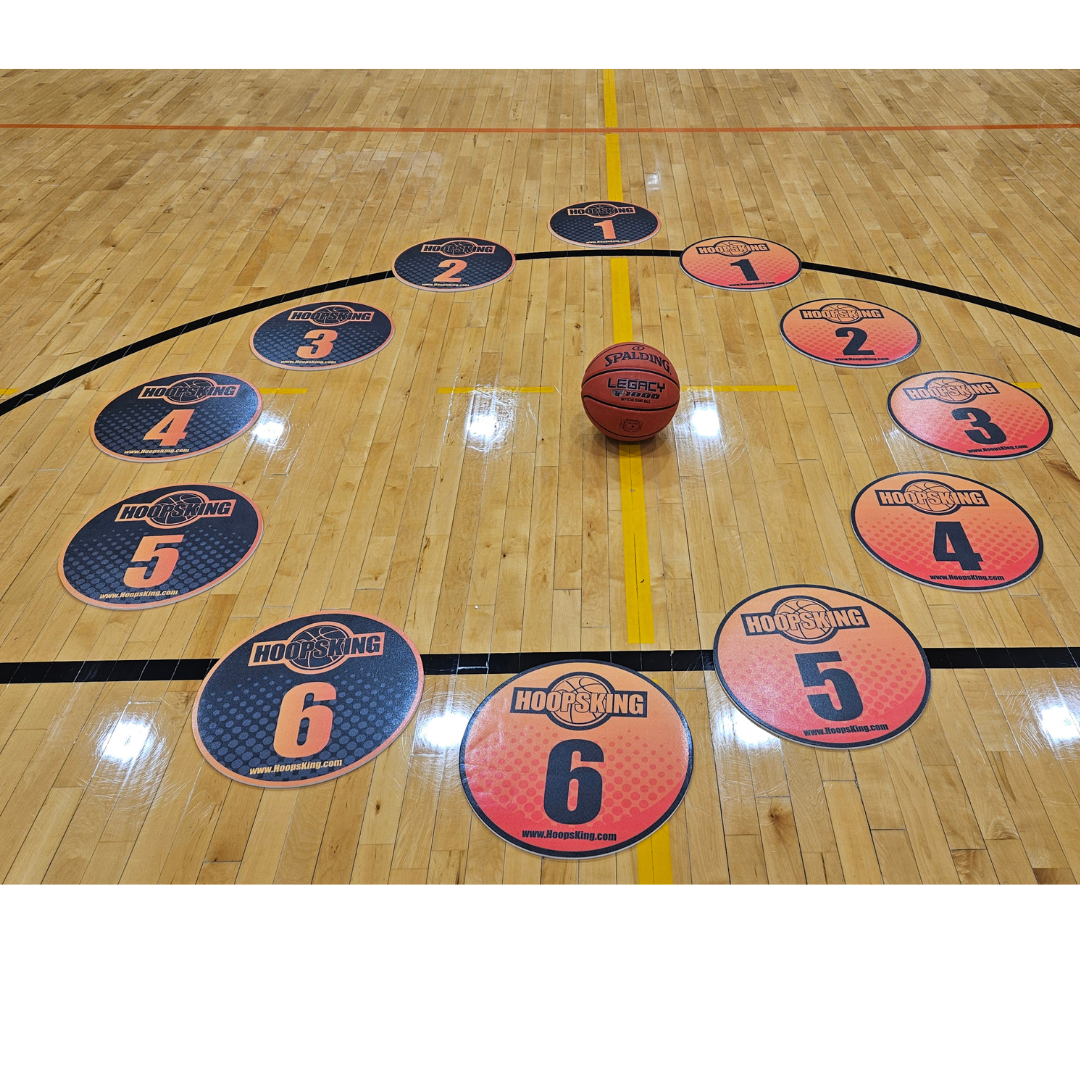 Offensive Spacing Training Spot Markers in a circular layout on a basketball court, featuring numbers 1-6 and a basketball in