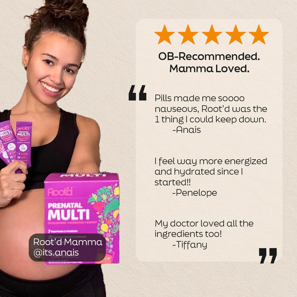 Essential Prenatal Nutrition + Electrolytes box with testimonials and a pregnant woman holding it, emphasizing OB recommendat
