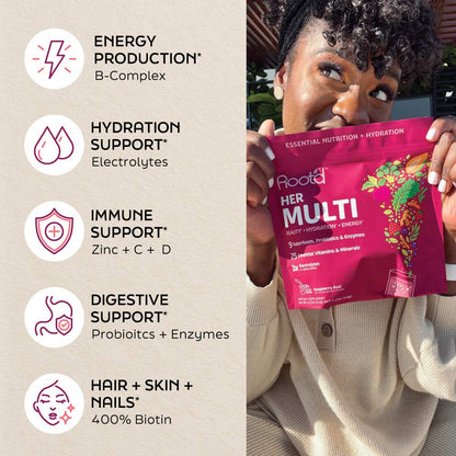 Advanced Daily Nutrition - Formulated for Her, featuring a woman holding a vibrant pink supplement bag with icons for energy,