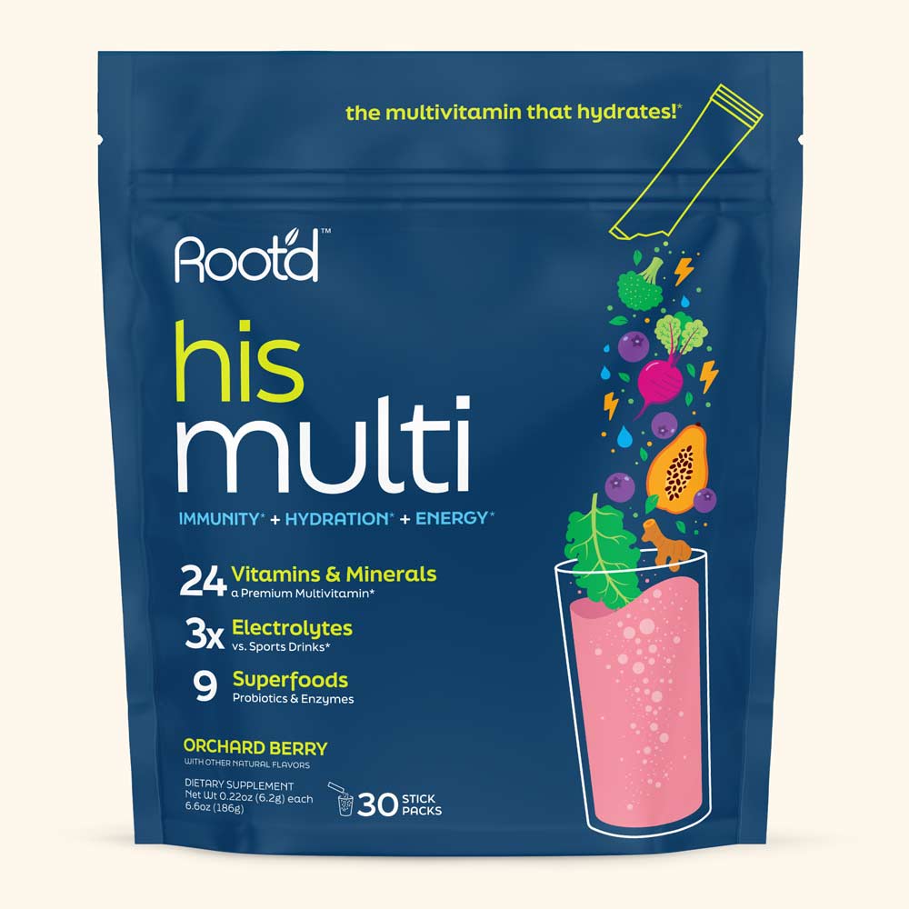 Advanced Daily Nutrition - Formulated for Men features a blue pouch with a vibrant drink illustration, highlighting vitamins,