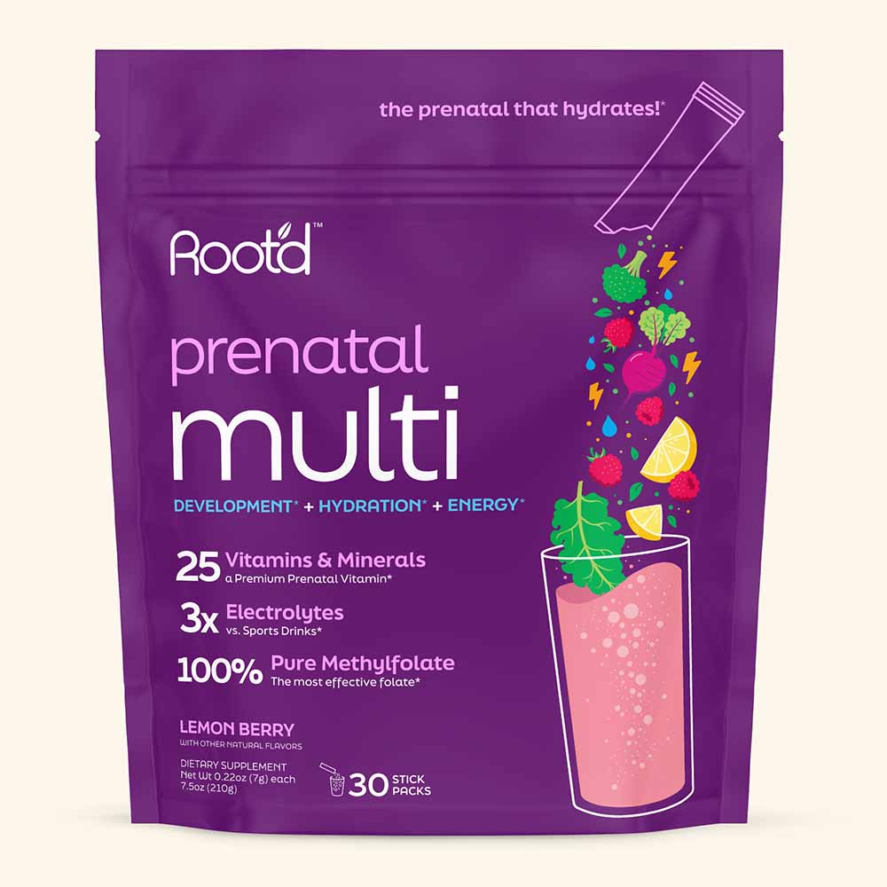 Essential Prenatal Nutrition + Electrolytes in a purple pouch, featuring 25 vitamins, minerals, and electrolytes with a lemon