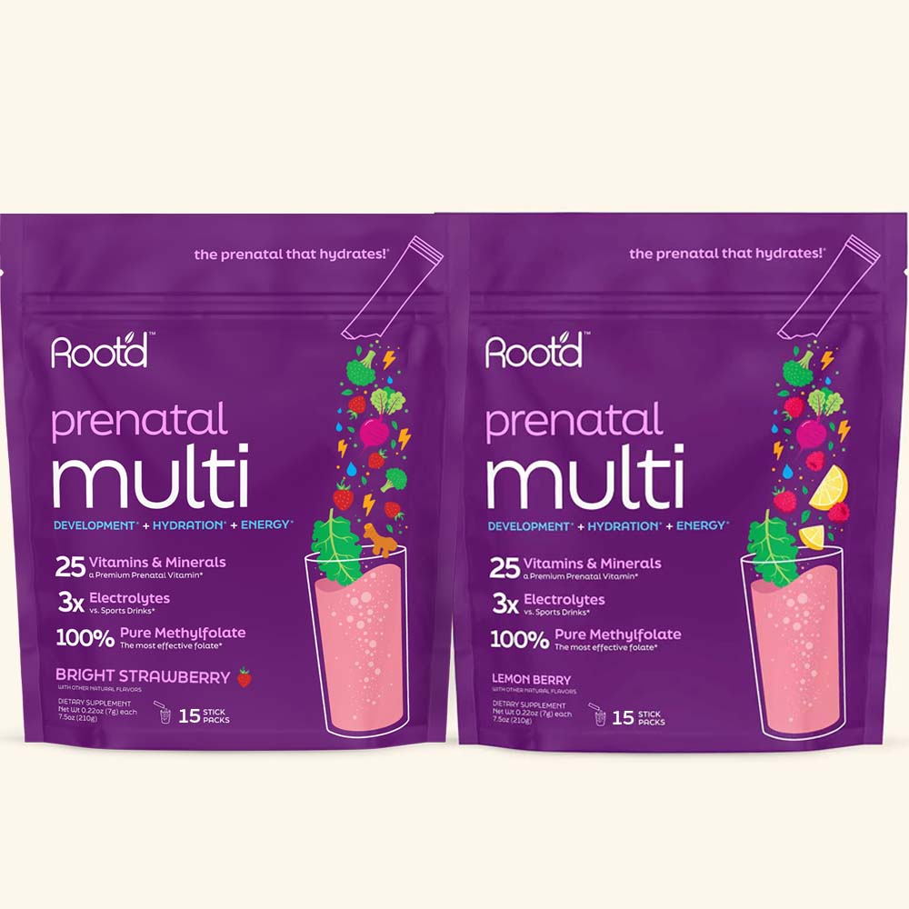 Essential Prenatal Nutrition + Electrolytes packs featuring Bright Strawberry and Lemon Berry flavors with vibrant designs.