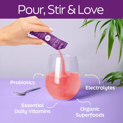 Growing Together Bundle - The Hydrating Multivitamin for Future Mom &amp; Dad. A hand pours a pink powder into a glass, labeled w