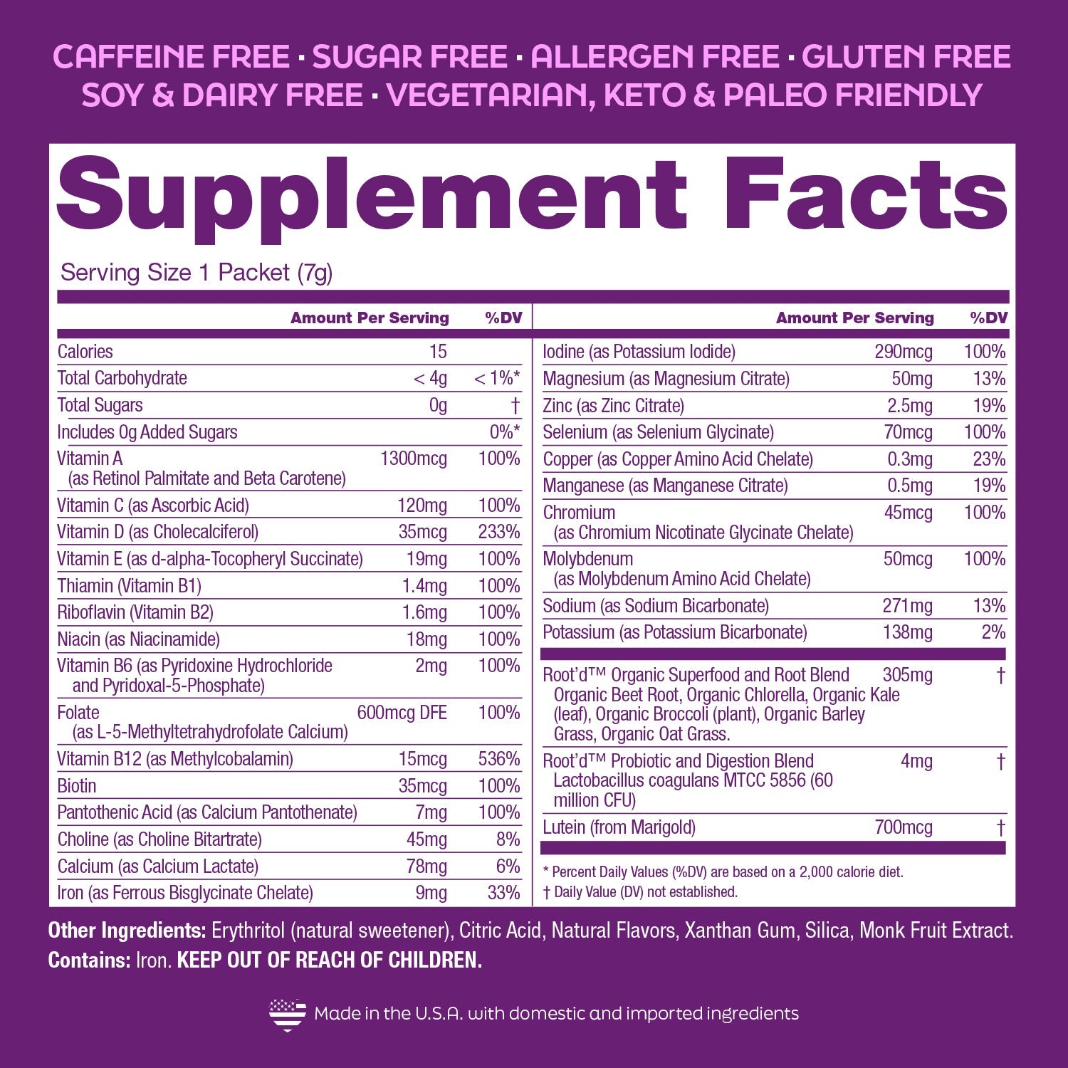 Supplement facts for the Growing Together Bundle - The Hydrating Multivitamin, detailing nutrients and ingredients for future